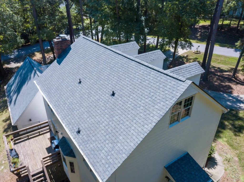Drone view of roof inspection for roof maintenance