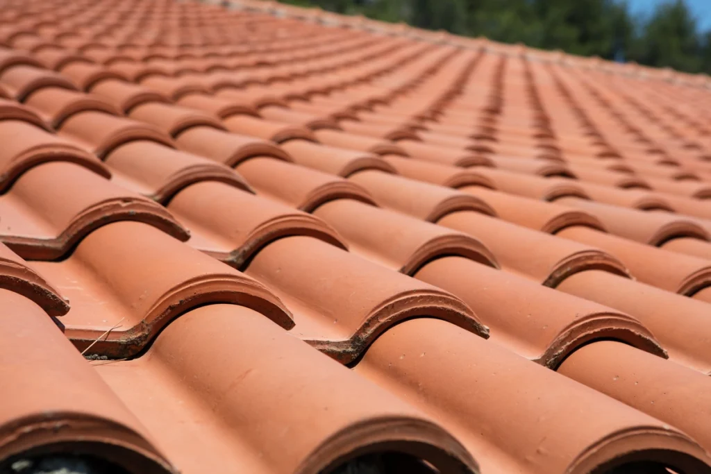 Closeup of clay tile roofing material for long lasting roof