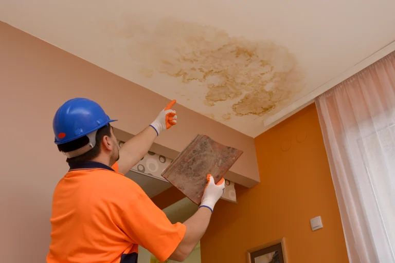 worker inspecting the water leak on the ceiling holding damaged roof tiles