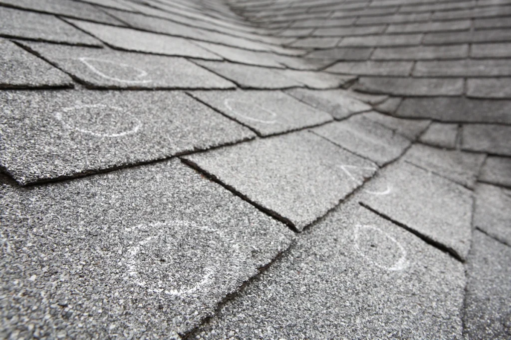 close up of asphalt roof inspection with hail damage circled in chalk