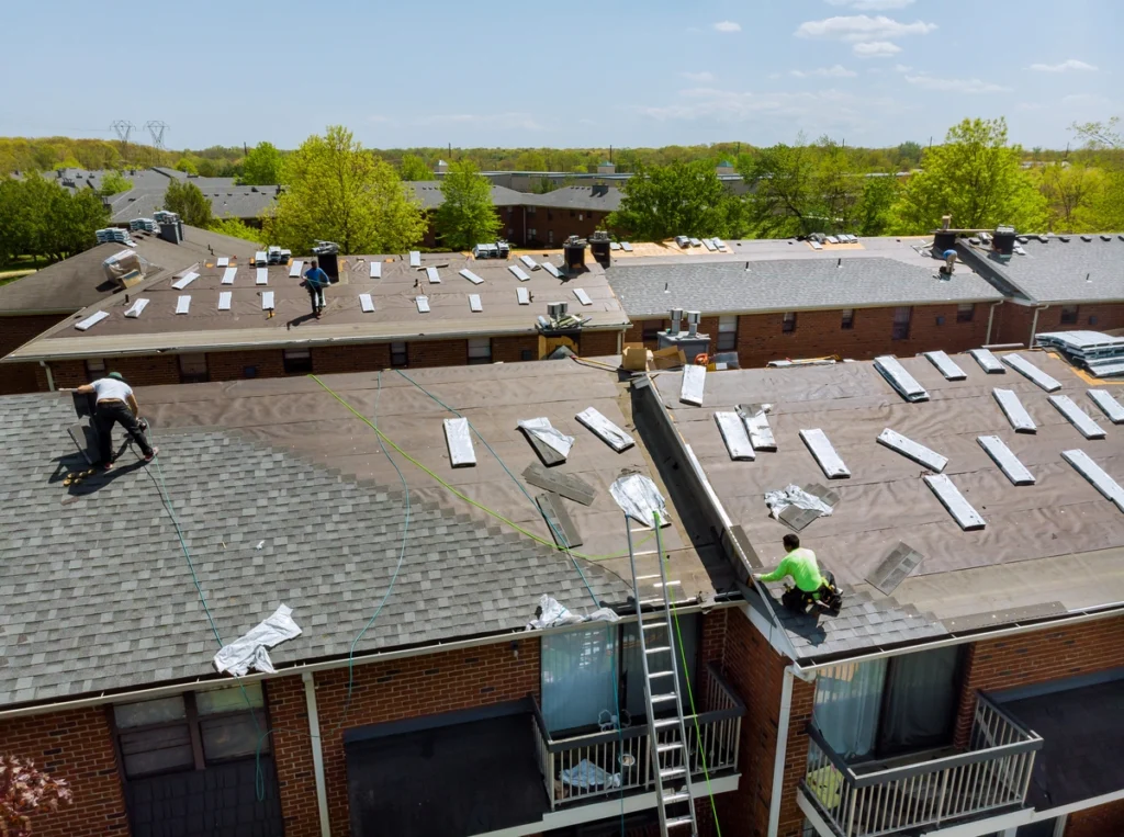aerial view of roof repairs after roof inspection