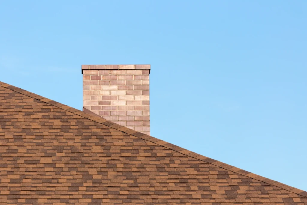 Architectural shingles of the house roof and brick chimney