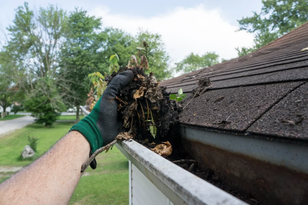 A hand pulling out leaves and dirt from a gutter