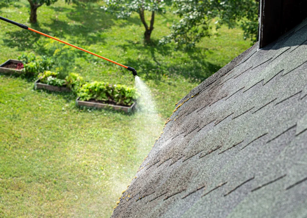 A hose spraying onto a roof