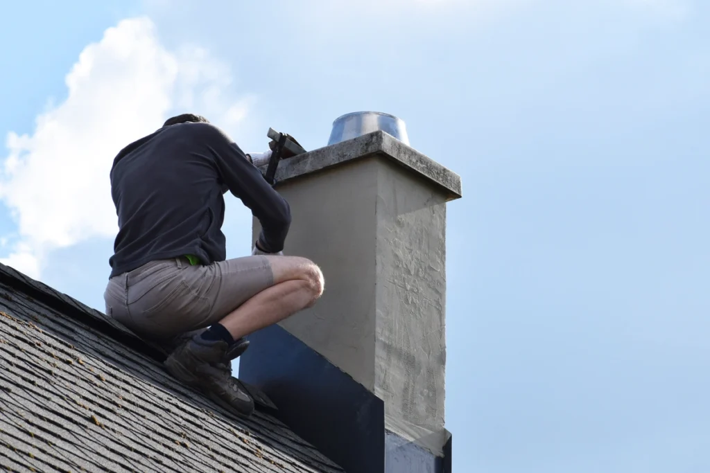 A roofer installs chimney flashing