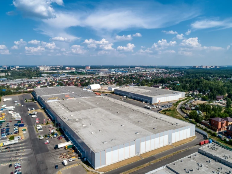 large commercial roof against the skyline